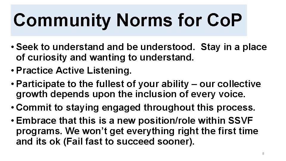 SSVF AND HUD-VASH COORDINATION IN RESPONSE TO COVID-19 Community Norms for Co. P •