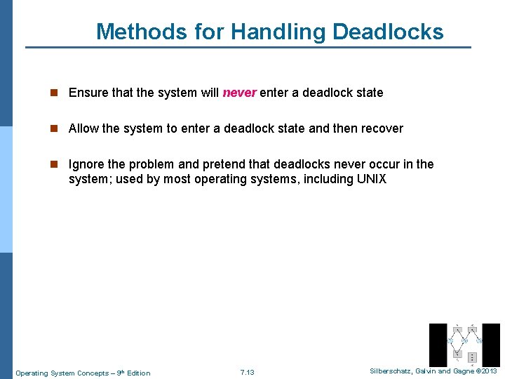 Methods for Handling Deadlocks n Ensure that the system will never enter a deadlock