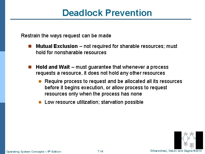 Deadlock Prevention Restrain the ways request can be made n Mutual Exclusion – not