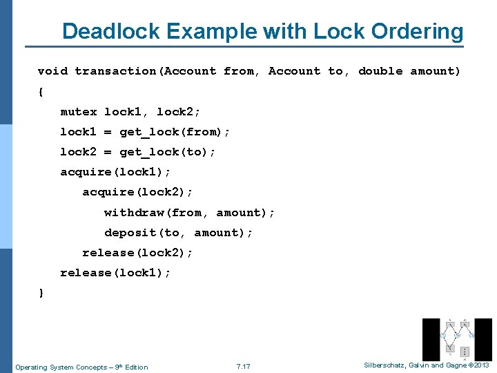 Deadlock Example with Lock Ordering void transaction(Account from, Account to, double amount) { mutex
