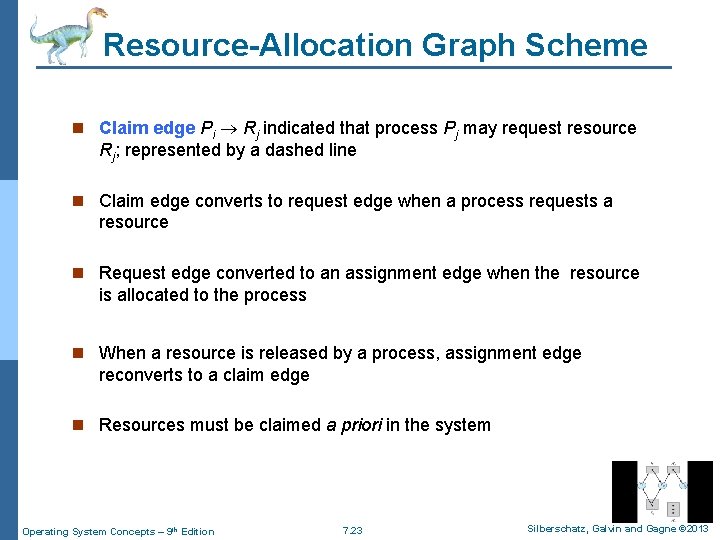 Resource-Allocation Graph Scheme n Claim edge Pi Rj indicated that process Pj may request
