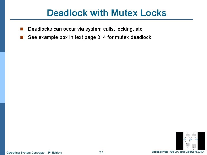 Deadlock with Mutex Locks n Deadlocks can occur via system calls, locking, etc n