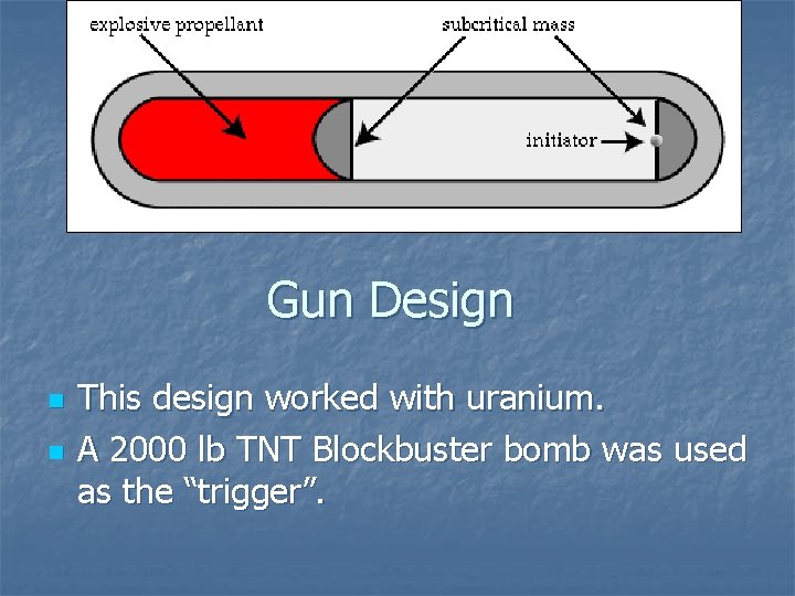 Gun Design n n This design worked with uranium. A 2000 lb TNT Blockbuster