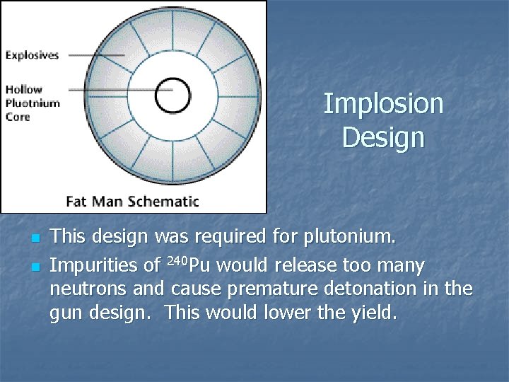 Implosion Design n n This design was required for plutonium. Impurities of 240 Pu