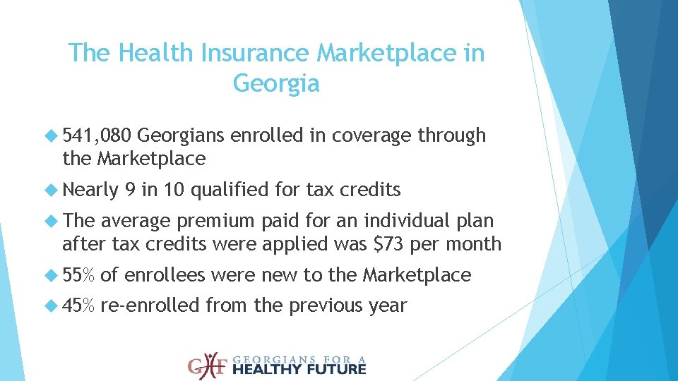 The Health Insurance Marketplace in Georgia 541, 080 Georgians enrolled in coverage through the