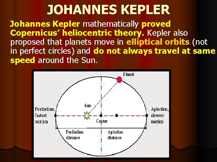 JOHANNES KEPLER Johannes Kepler mathematically proved Copernicus’ heliocentric theory. Kepler also proposed that planets