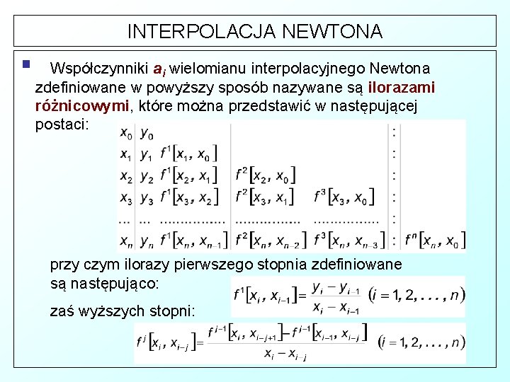 INTERPOLACJA NEWTONA § Współczynniki ai wielomianu interpolacyjnego Newtona zdefiniowane w powyższy sposób nazywane są