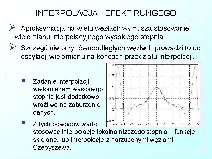 INTERPOLACJA - EFEKT RUNGEGO Ø Aproksymacja na wielu węzłach wymusza stosowanie wielomianu interpolacyjnego wysokiego