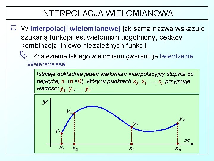 INTERPOLACJA WIELOMIANOWA ³ W interpolacji wielomianowej jak sama nazwa wskazuje szukaną funkcją jest wielomian
