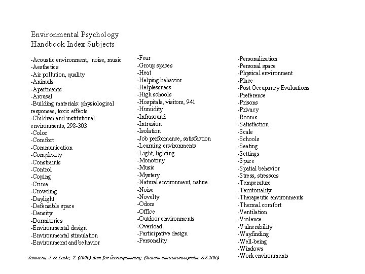 Environmental Psychology Handbook Index Subjects -Acoustic environment, : noise, music -Aesthetics -Air pollution, quality
