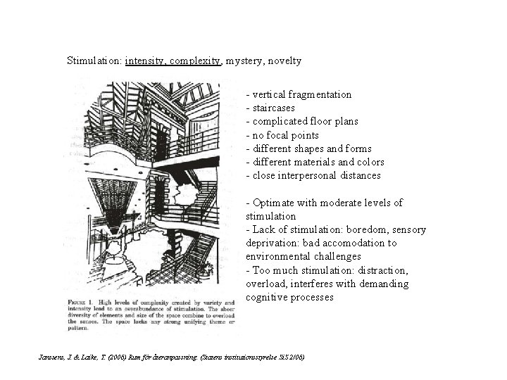 Stimulation: intensity, complexity, mystery, novelty - vertical fragmentation - staircases - complicated floor plans
