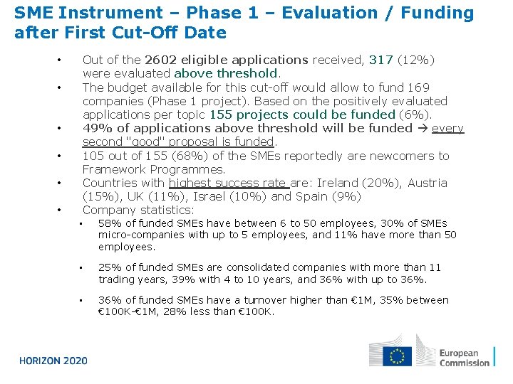SME Instrument – Phase 1 – Evaluation / Funding after First Cut-Off Date •