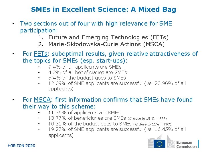 SMEs in Excellent Science: A Mixed Bag • Two sections out of four with