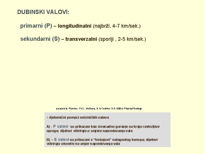 DUBINSKI VALOVI: primarni (P) – longitudinalni (najbrži, 4 -7 km/sek. ) sekundarni (S) –