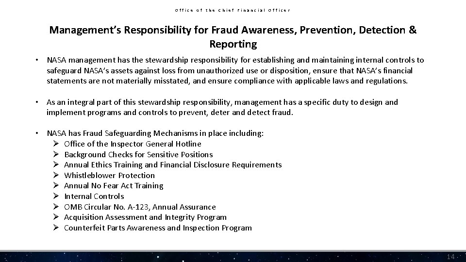 Office of the Chief Financial Officer Management’s Responsibility for Fraud Awareness, Prevention, Detection &