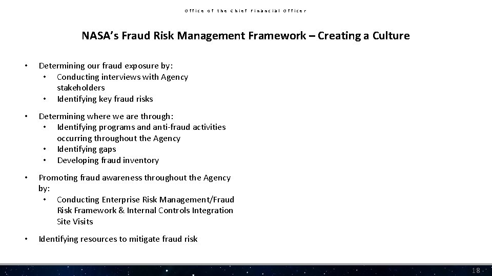 Office of the Chief Financial Officer NASA’s Fraud Risk Management Framework – Creating a