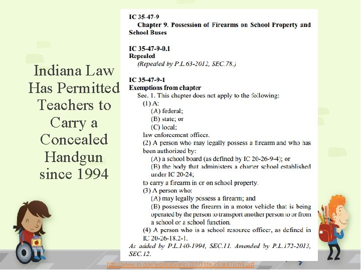 Indiana Law Has Permitted Teachers to Carry a Concealed Handgun since 1994 http: //www.