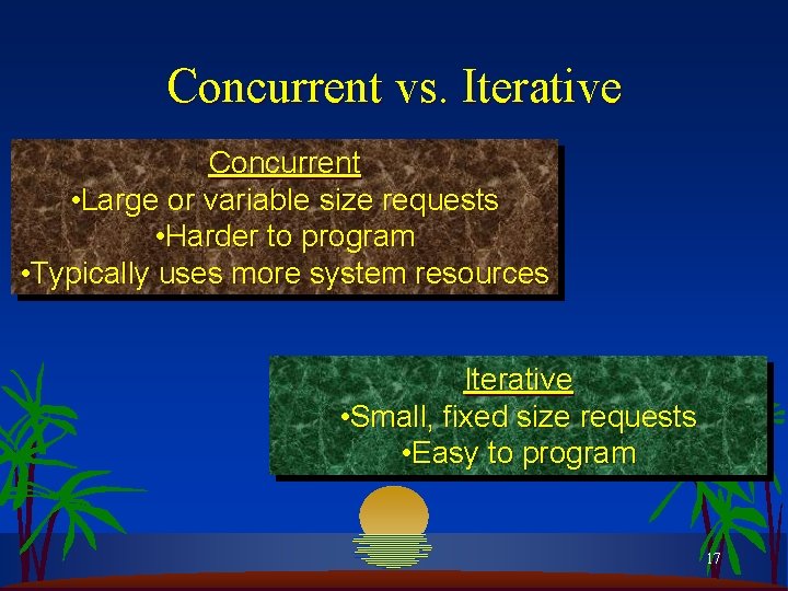 Concurrent vs. Iterative Concurrent • Large or variable size requests • Harder to program