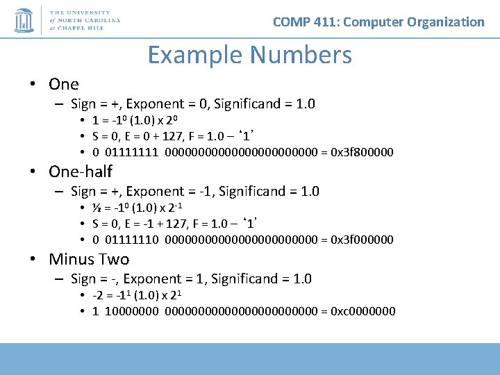 COMP 411: Computer Organization Example Numbers • One – Sign = +, Exponent =