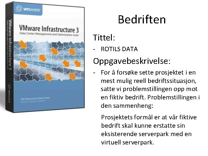 Bedriften Tittel: - ROTILS DATA Oppgavebeskrivelse: - For å forsøke sette prosjektet i en