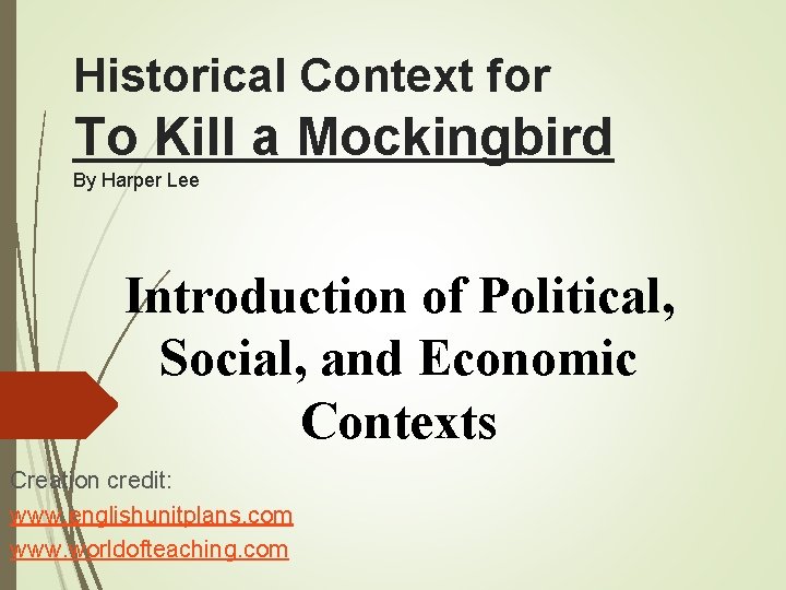 Historical Context for To Kill a Mockingbird By Harper Lee Introduction of Political, Social,