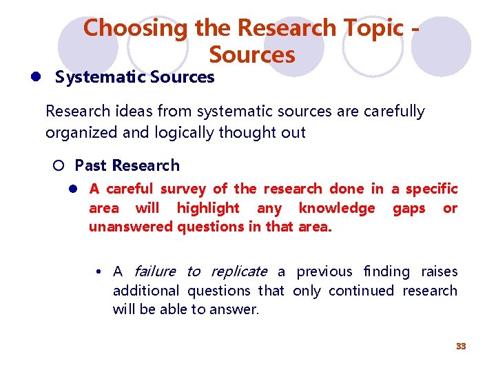 Choosing the Research Topic Sources l Systematic Sources Research ideas from systematic sources are