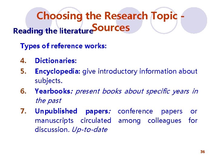 Choosing the Research Topic Reading the literature. Sources Types of reference works: 4. Dictionaries: