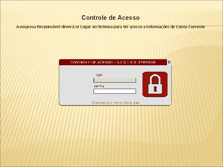 Controle de Acesso A empresa Responsável deverá se Logar ao Sistema para ter acesso