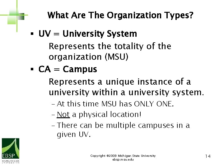 What Are The Organization Types? § UV = University System Represents the totality of