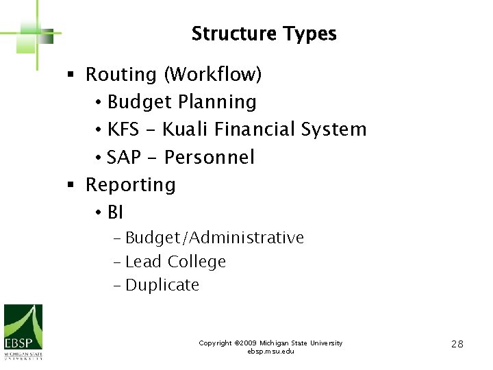 Structure Types § Routing (Workflow) • Budget Planning • KFS – Kuali Financial System