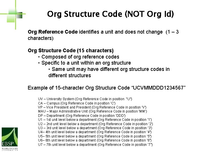 Org Structure Code (NOT Org Id) Org Reference Code identifies a unit and does