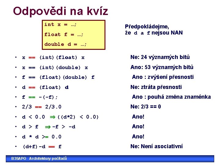 Odpovědi na kvíz int x = …; float f = …; Předpokládejme, že d