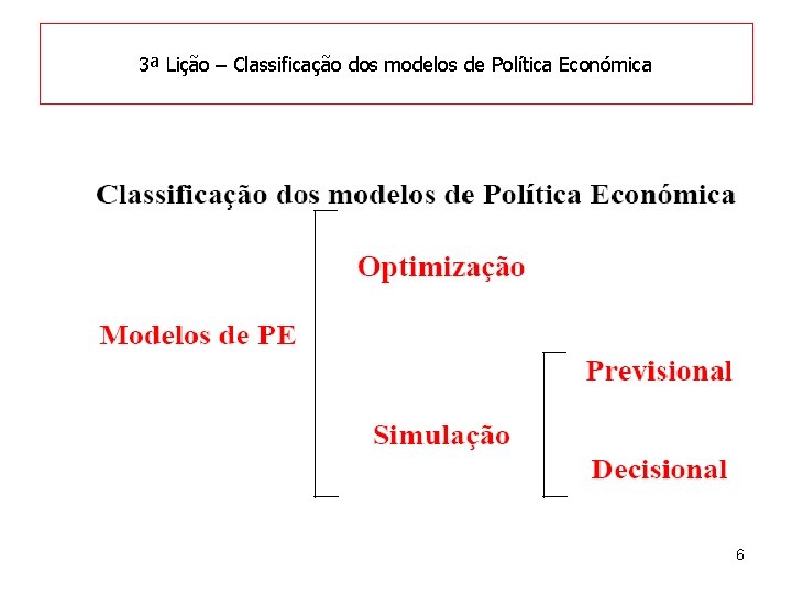 3ª Lição – Classificação dos modelos de Política Económica 6 