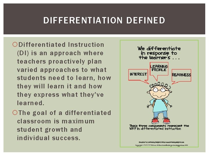 DIFFERENTIATION DEFINED Differentiated Instruction (DI) is an approach where teachers proactively plan varied approaches