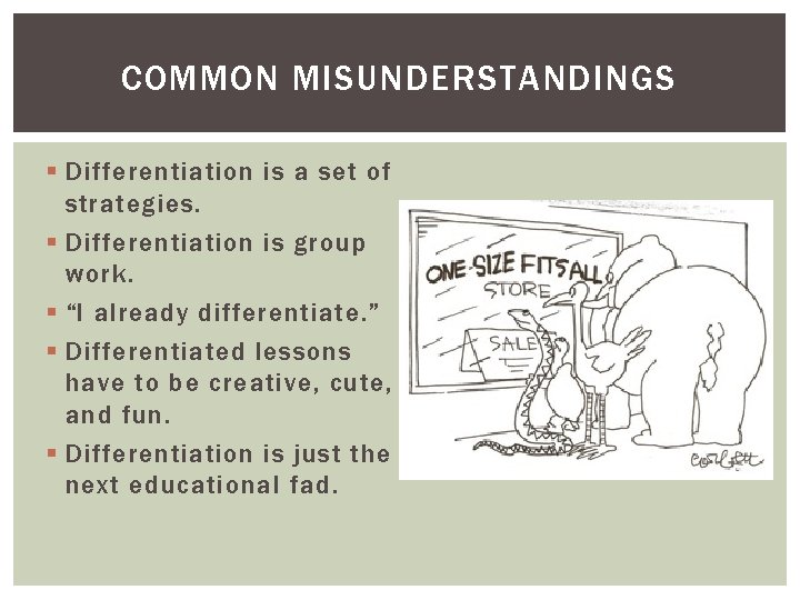 COMMON MISUNDERSTANDINGS § Differentiation is a set of strategies. § Differentiation is group work.