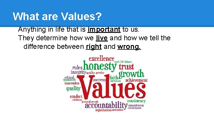 What are Values? Anything in life that is important to us. They determine how