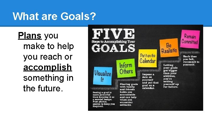 What are Goals? Plans you make to help you reach or accomplish something in