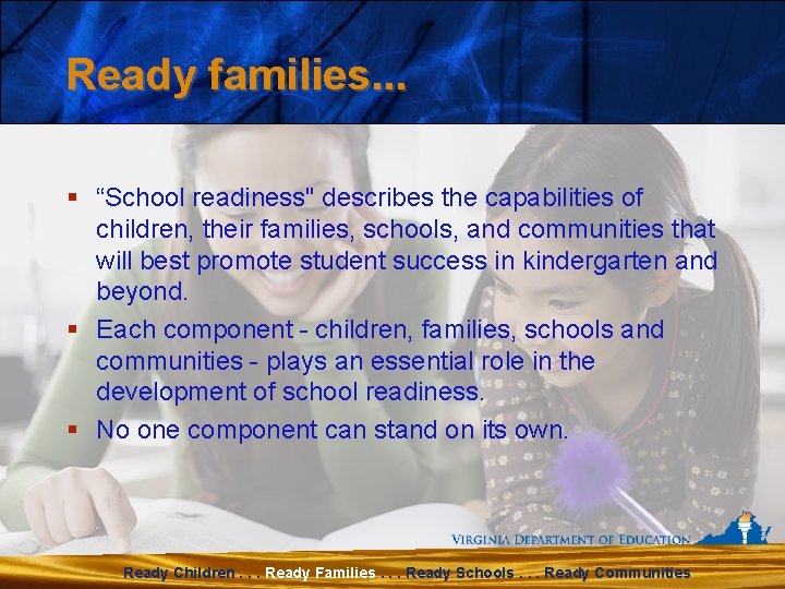 Ready families. . . § “School readiness" describes the capabilities of children, their families,