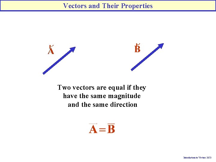 Vectors and Their Properties Two vectors are equal if they have the same magnitude