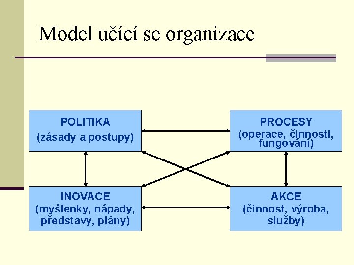 Model učící se organizace POLITIKA (zásady a postupy) PROCESY (operace, činnosti, fungování) INOVACE (myšlenky,