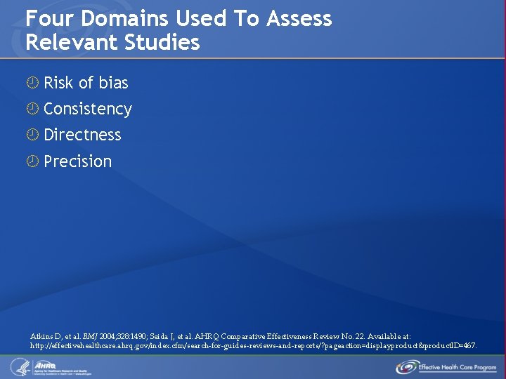 Four Domains Used To Assess Relevant Studies Risk of bias Consistency Directness Precision Atkins