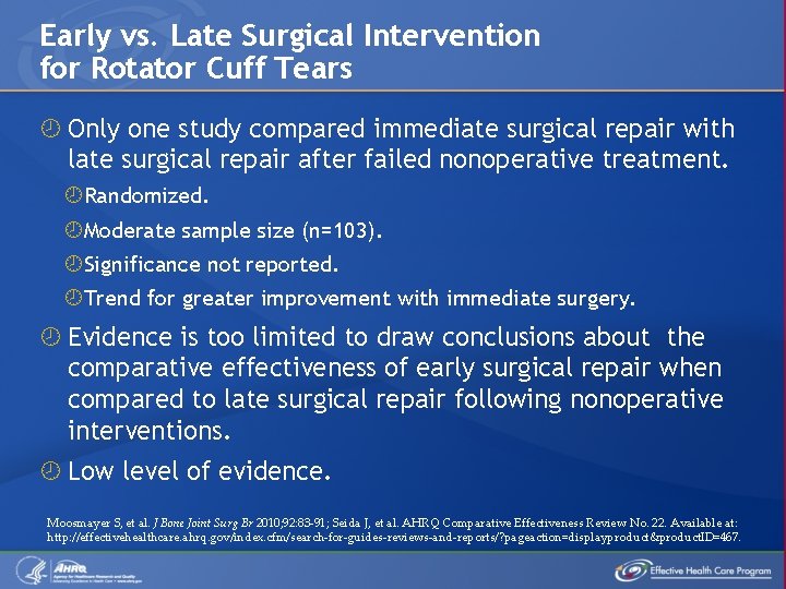 Early vs. Late Surgical Intervention for Rotator Cuff Tears Only one study compared immediate