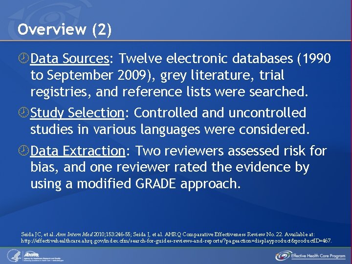 Overview (2) Data Sources: Twelve electronic databases (1990 to September 2009), grey literature, trial