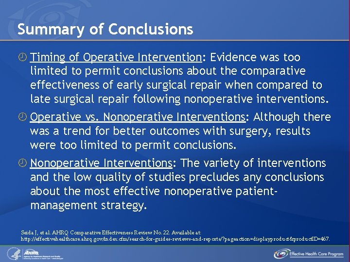 Summary of Conclusions Timing of Operative Intervention: Evidence was too limited to permit conclusions