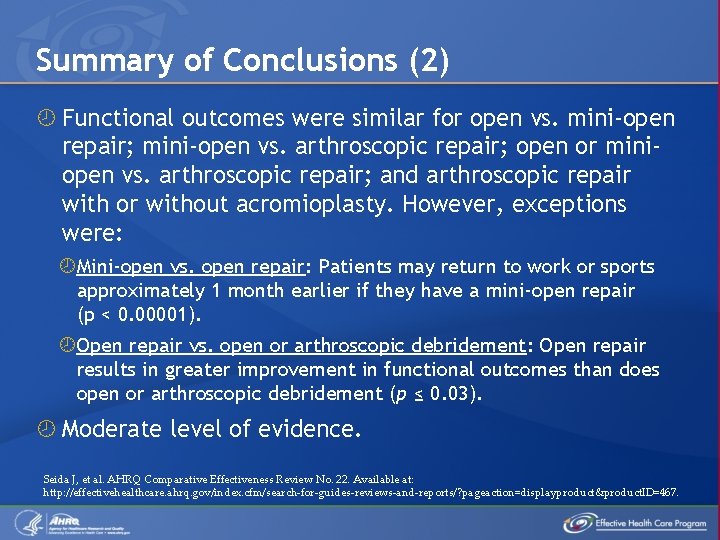 Summary of Conclusions (2) Functional outcomes were similar for open vs. mini-open repair; mini-open
