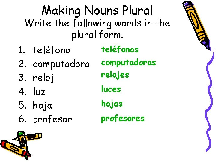 Making Nouns Plural Write the following words in the plural form. 1. 2. 3.