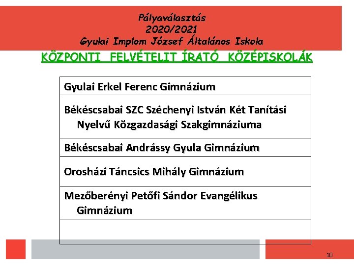 Pályaválasztás 2020/2021 Gyulai Implom József Általános Iskola KÖZPONTI FELVÉTELIT ÍRATÓ KÖZÉPISKOLÁK Gyulai Erkel Ferenc