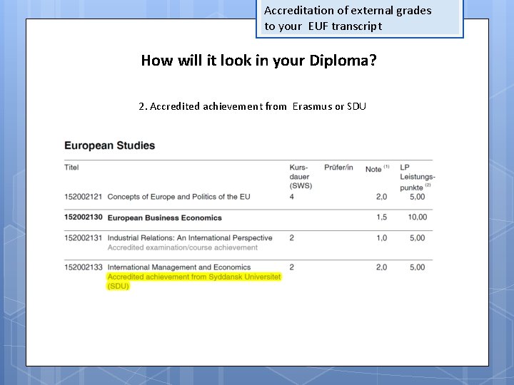 Accreditation of external grades to your EUF transcript How will it look in your