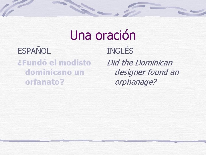 Una oración ESPAÑOL ¿Fundó el modisto dominicano un orfanato? INGLÉS Did the Dominican designer