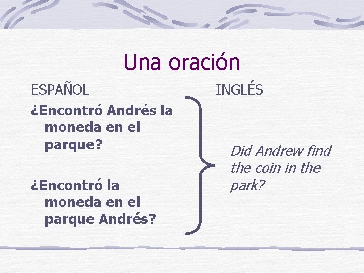 Una oración ESPAÑOL ¿Encontró Andrés la moneda en el parque? ¿Encontró la moneda en